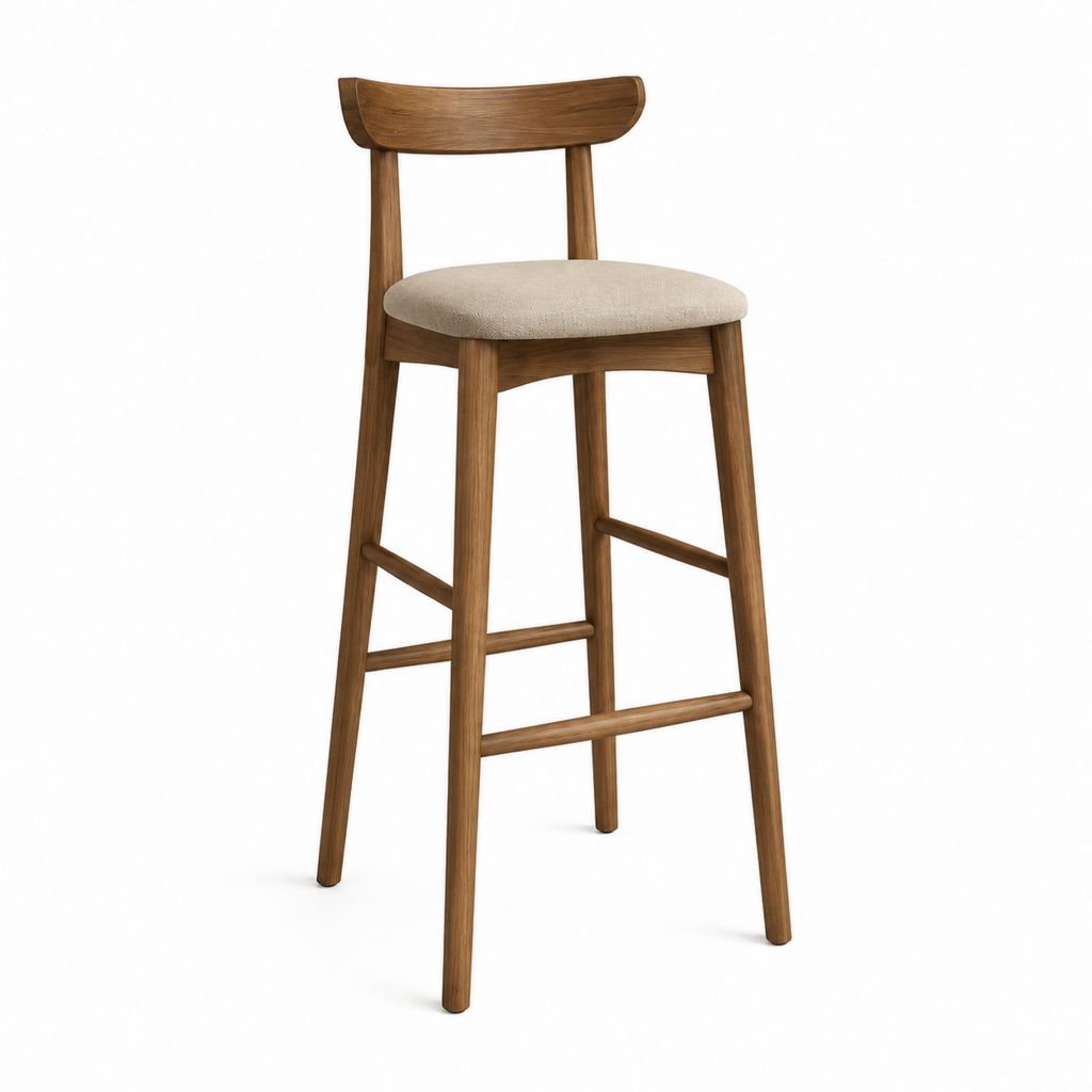 Tabouret de bar avec dossier marron et beige en bois massif avec assise rembourrée 46 x 50 x 101 cm