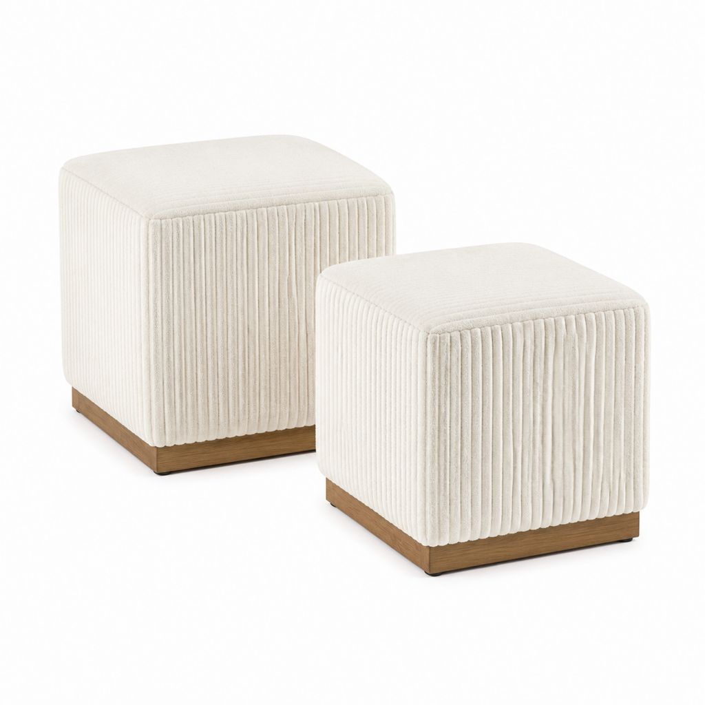 Lot de 2 repose-pieds carrés écru en velours côtelé polyester avec socle MDF 45 x 45 x 45 cm et 55 x 55 x 55 cm