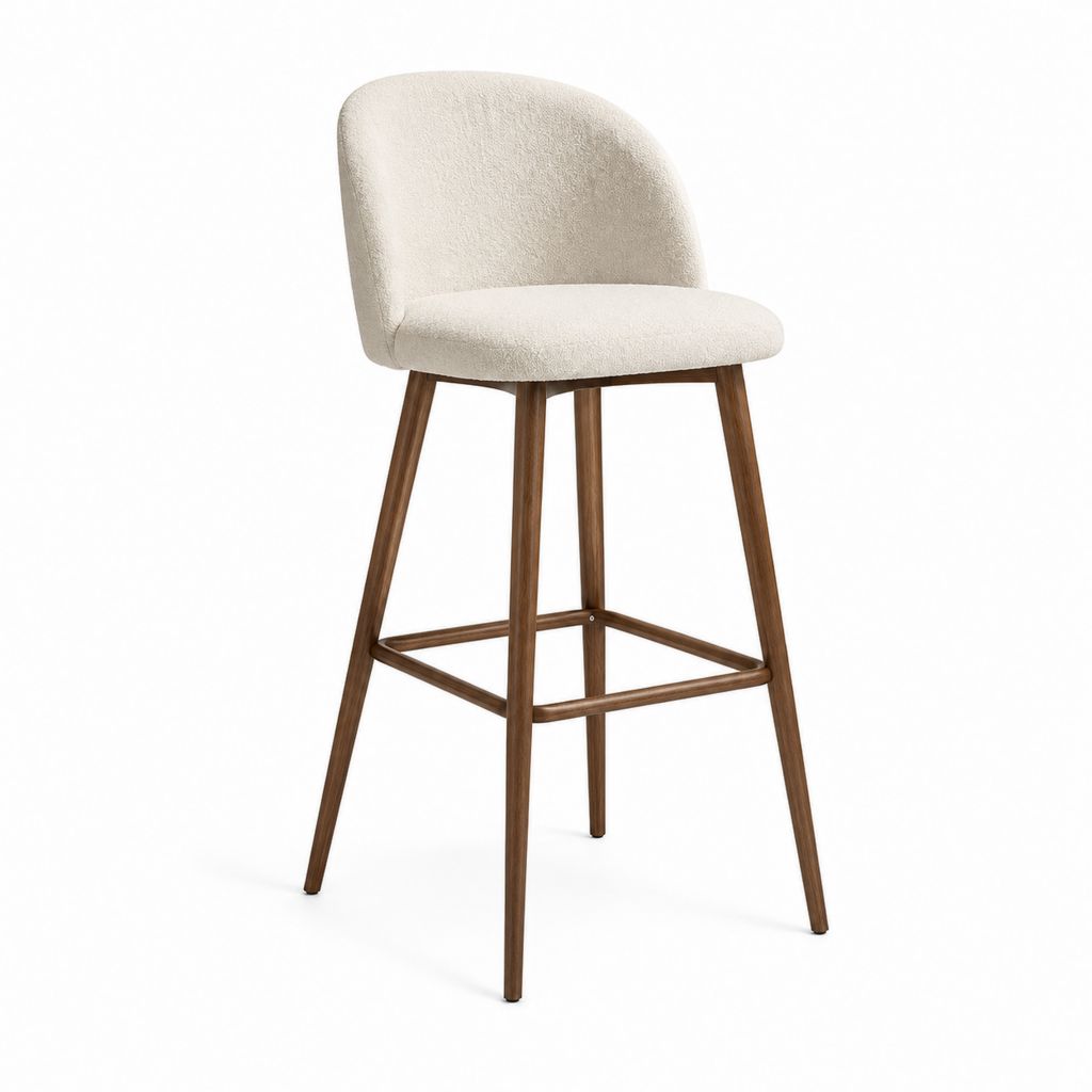 Tabouret de bar avec dossier écru en polyester bouclé et bois massif noyer 48 x 52 x 95 cm