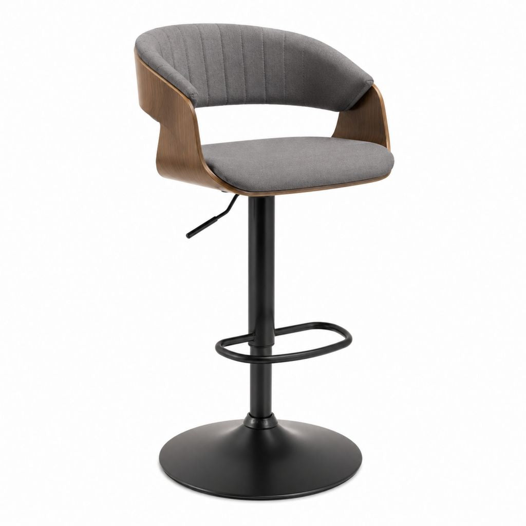 Tabouret de bar pivotant réglable gris en polyester et contreplaqué noyer 55 x 52 x 91-112 cm