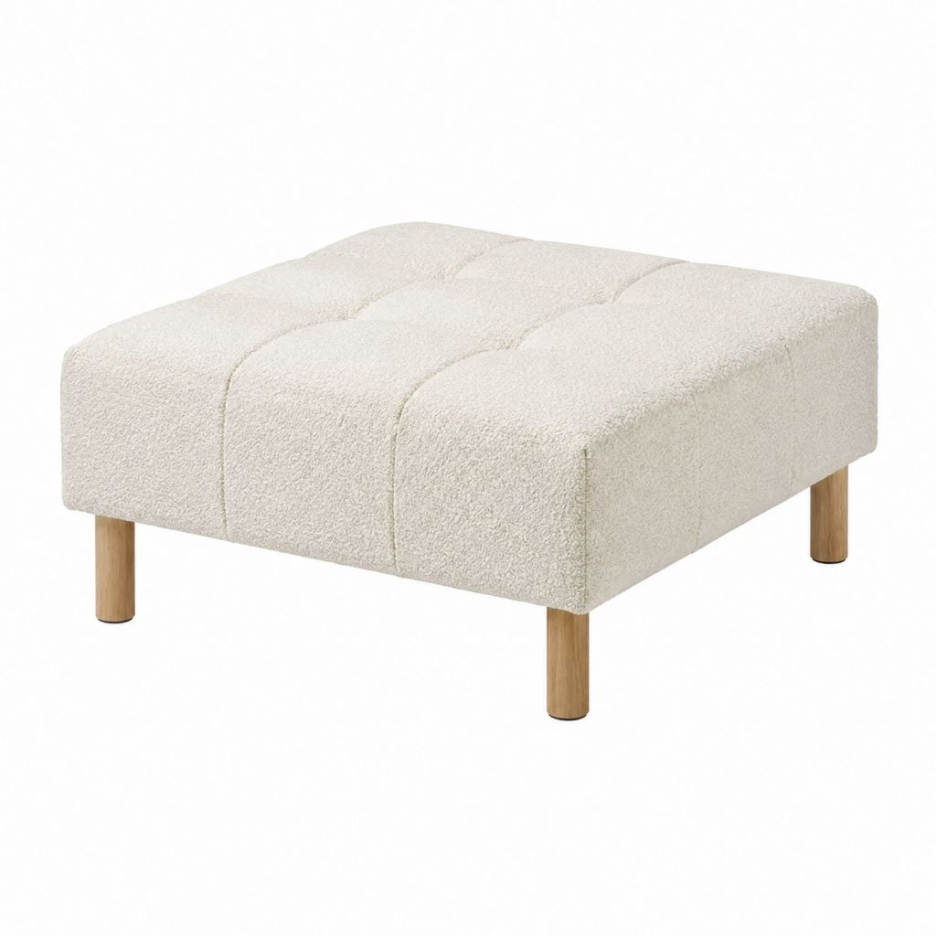 Repose-pieds carré crème en polyester bouclé avec pieds en hévéa massif 80 x 80 x 45 cm