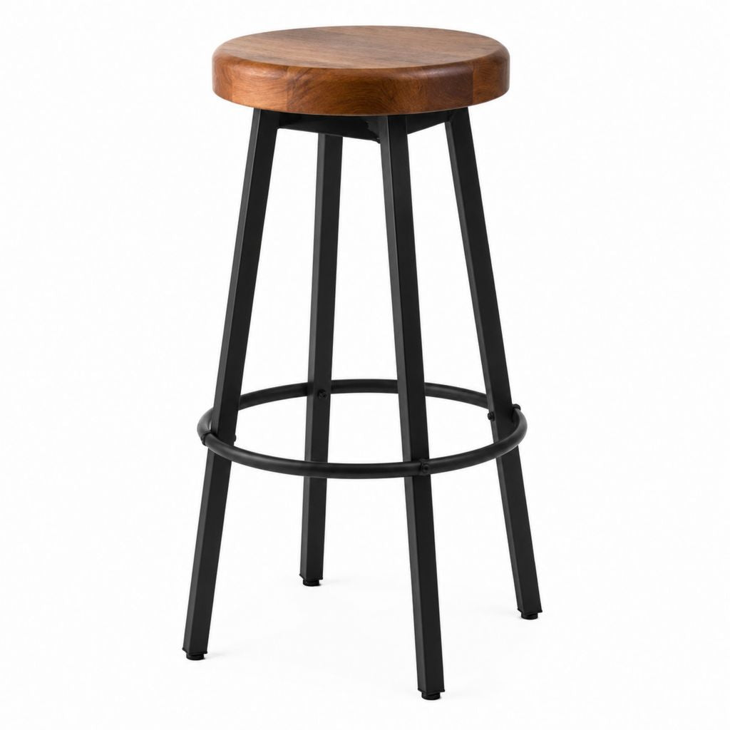 Tabouret de bar rond marron et noir en bois massif et acier 76 x 35 cm