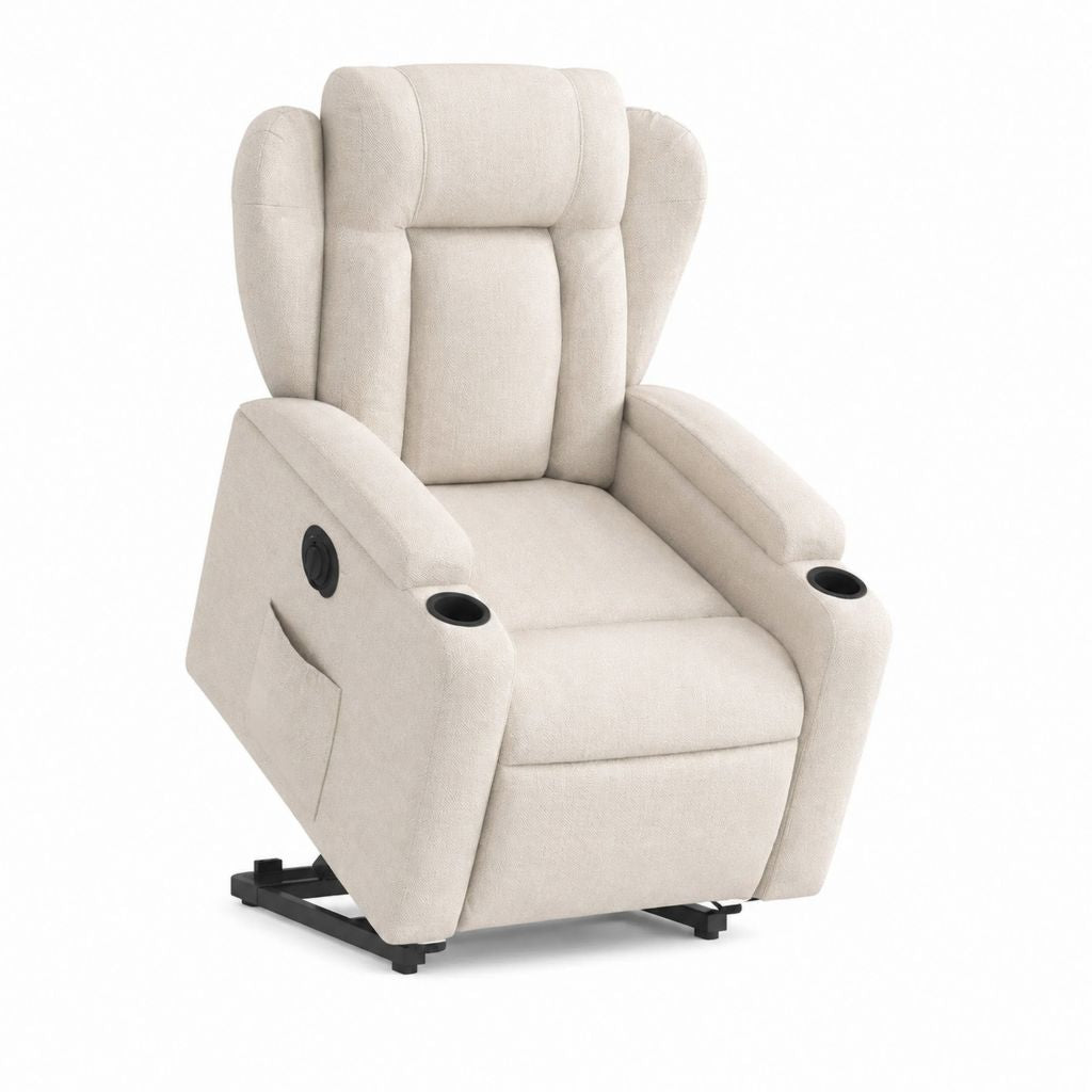 Fauteuil relax inclinable manuel beige en polyester avec porte-gobelets 90 x 92 x 105 cm