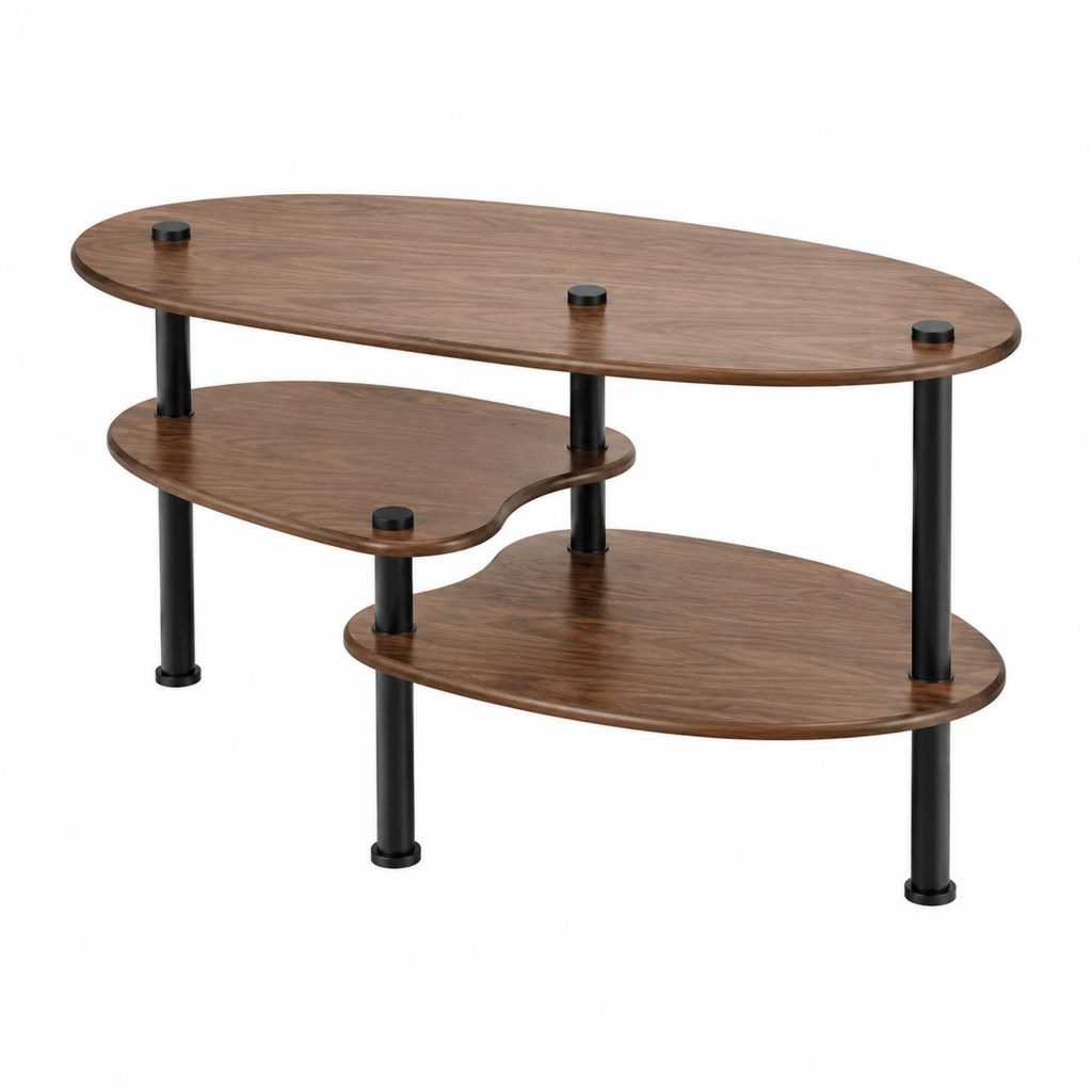 Table basse à 3 niveaux noyer et acier noir forme ovale 120 x 60 x 45 cm