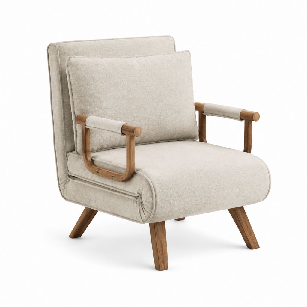 Fauteuil de salon beige en polyester et bois d'hévéa massif 80 x 85 x 95 cm