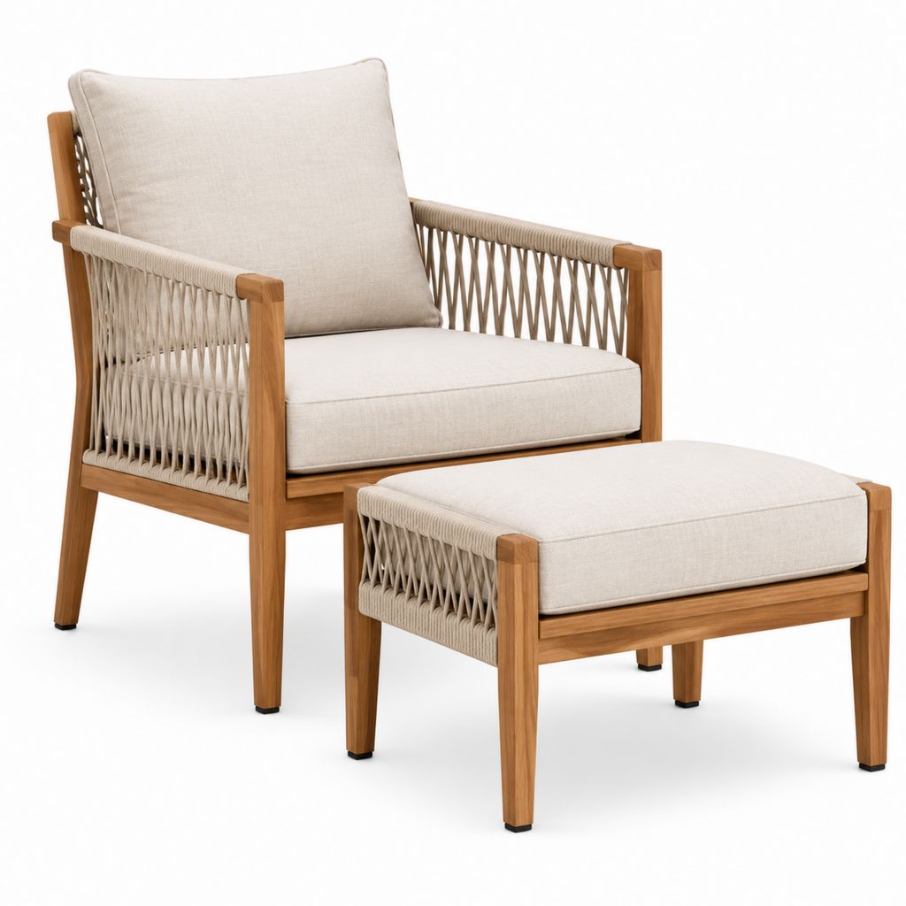 Ensemble fauteuil de jardin avec repose-pieds beige en acacia massif et corde PP 72 x 78 x 88 cm