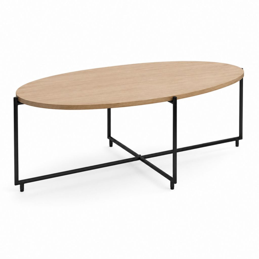 Table basse ovale chêne clair et acier noir 120 x 60 x 45 cm