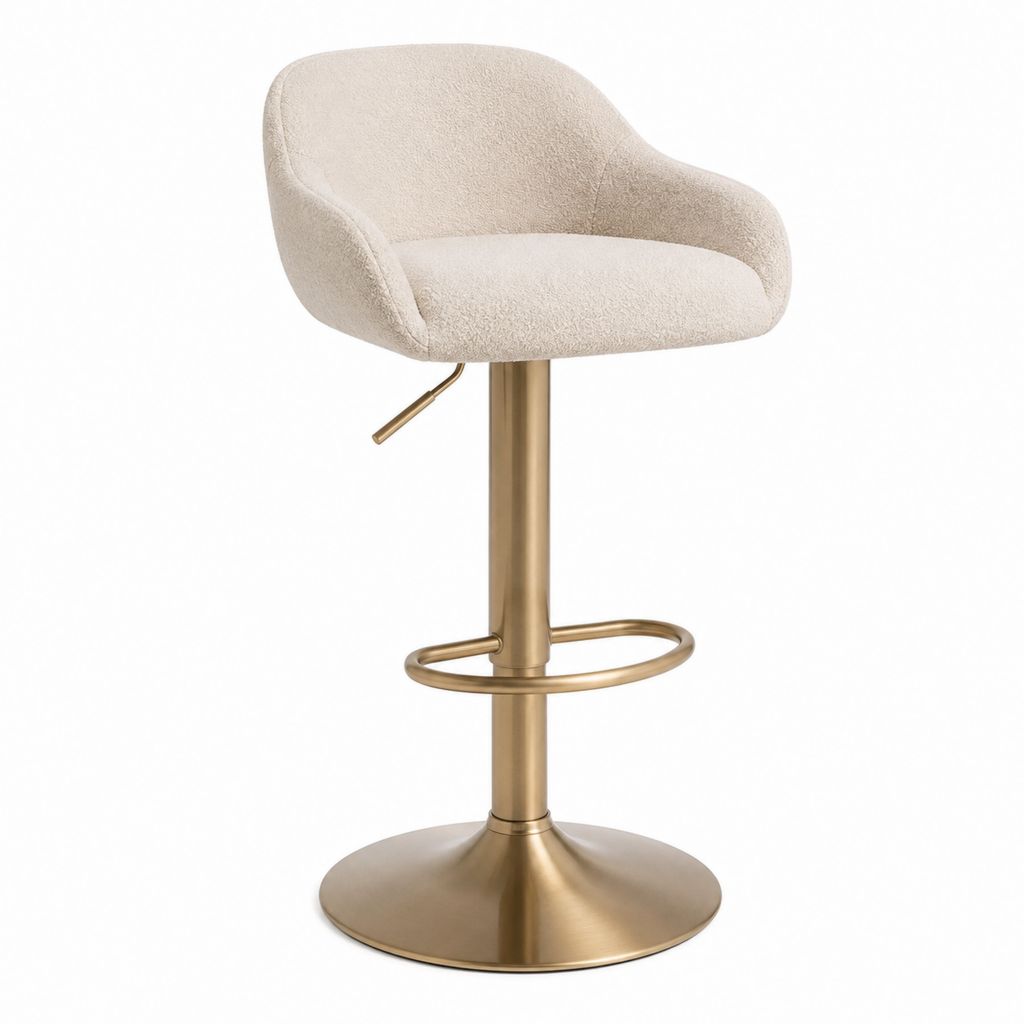 Tabouret de bar réglable pivotant beige en polyester bouclé avec piètement acier doré 56 x 52 x 92-113 cm