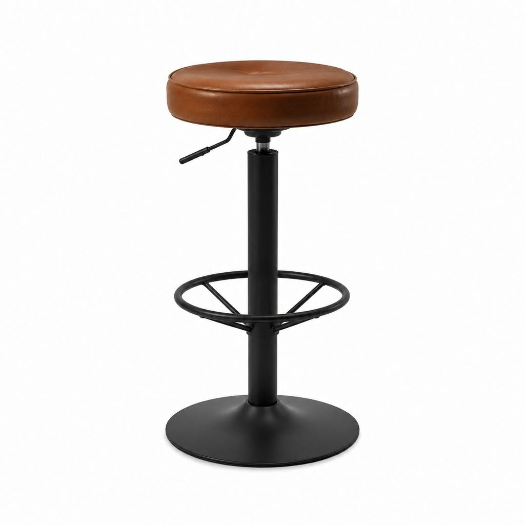 Tabouret de bar pivotant réglable rond en polyuréthane marron avec pied en acier noir 45 x 45 x 63-84 cm