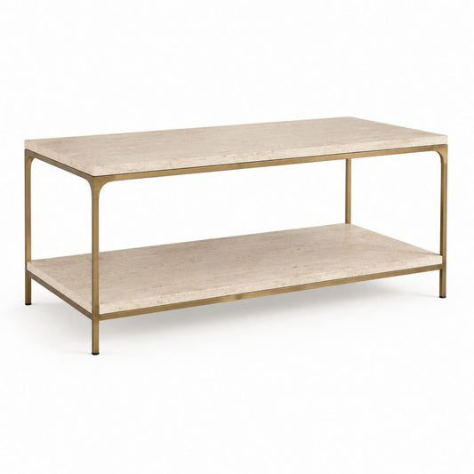 Table basse rectangulaire beige effet travertin avec étagère et structure dorée 120 x 60 x 45 cm