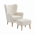 Fauteuil à oreilles avec repose-pieds beige en polyester bouclette et bois massif 73 x 84 x 101 cm