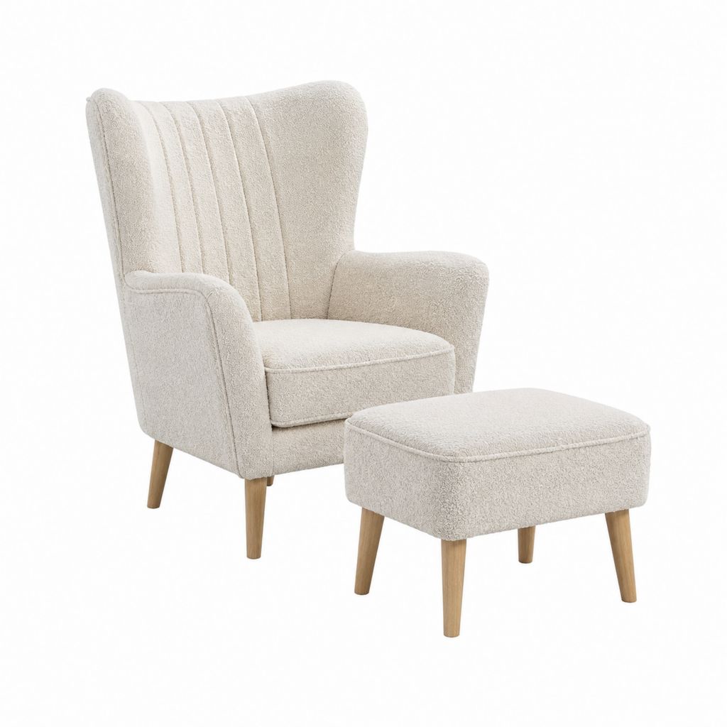 Fauteuil à oreilles avec repose-pieds beige en polyester bouclette et bois massif 73 x 84 x 101 cm