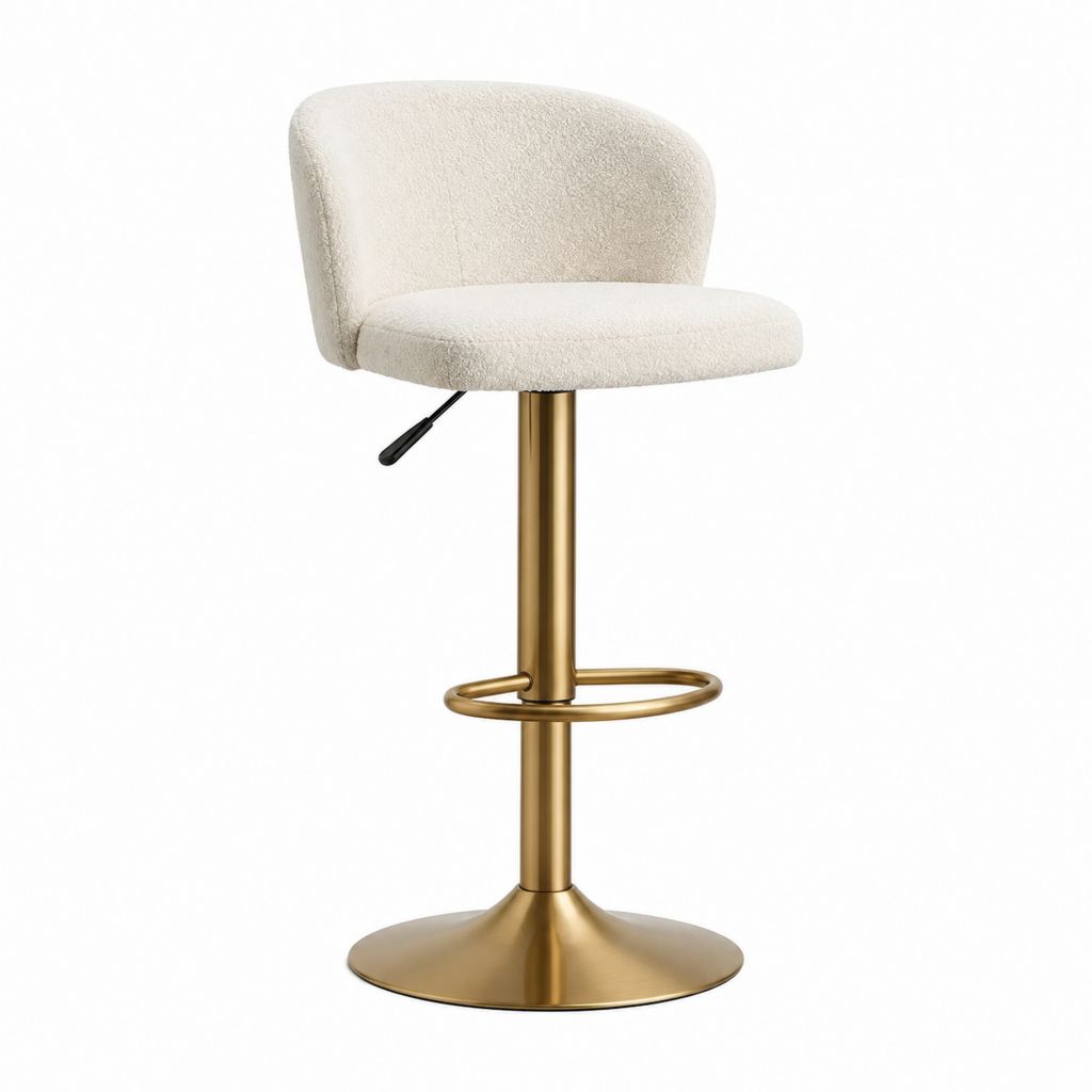 Tabouret de bar réglable crème en polyester bouclette avec piètement acier doré 47 x 50 x 90-111 cm