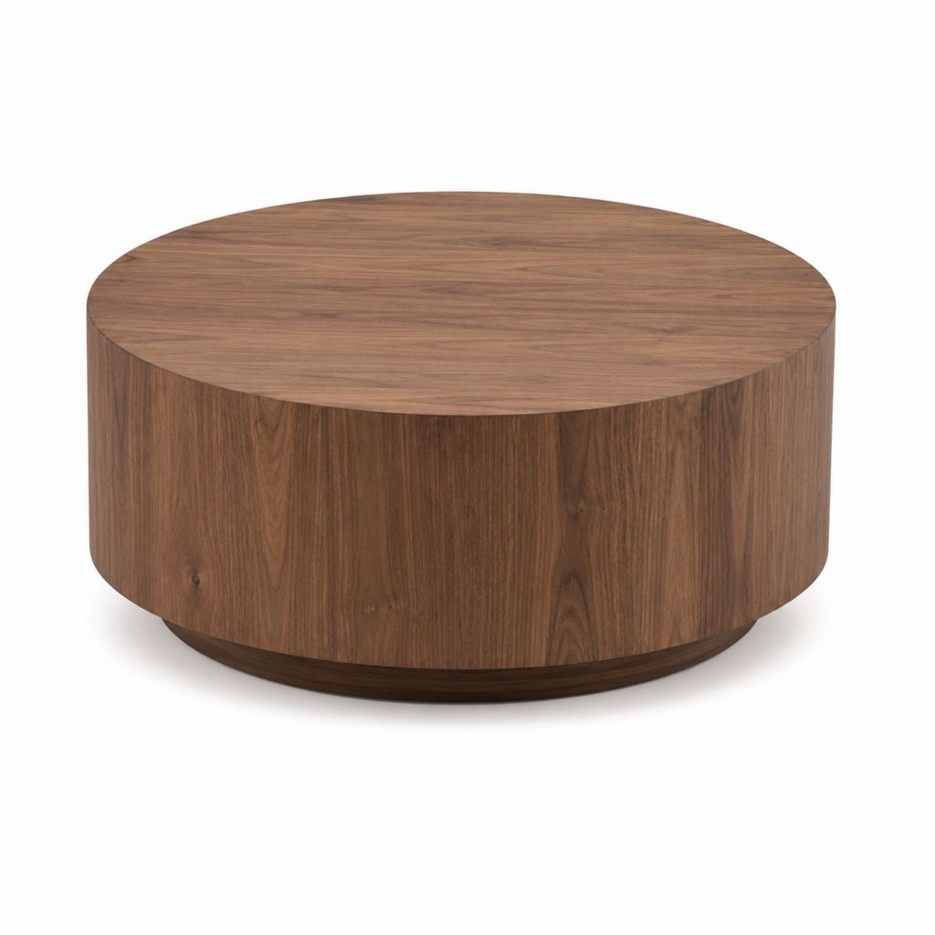 Table basse ronde marron en MDF plaqué noyer diamètre 80 cm hauteur 35 cm